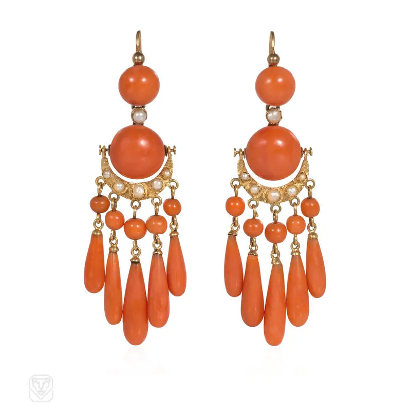 French Antique Coral And Pearl Fringe Pendant Earrings