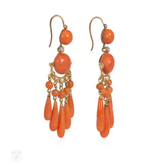 Antique French coral and pearl fringe pendant earrings