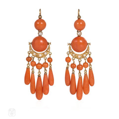 Antique French coral and pearl fringe pendant earrings