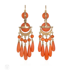 Antique French coral and pearl fringe pendant earrings