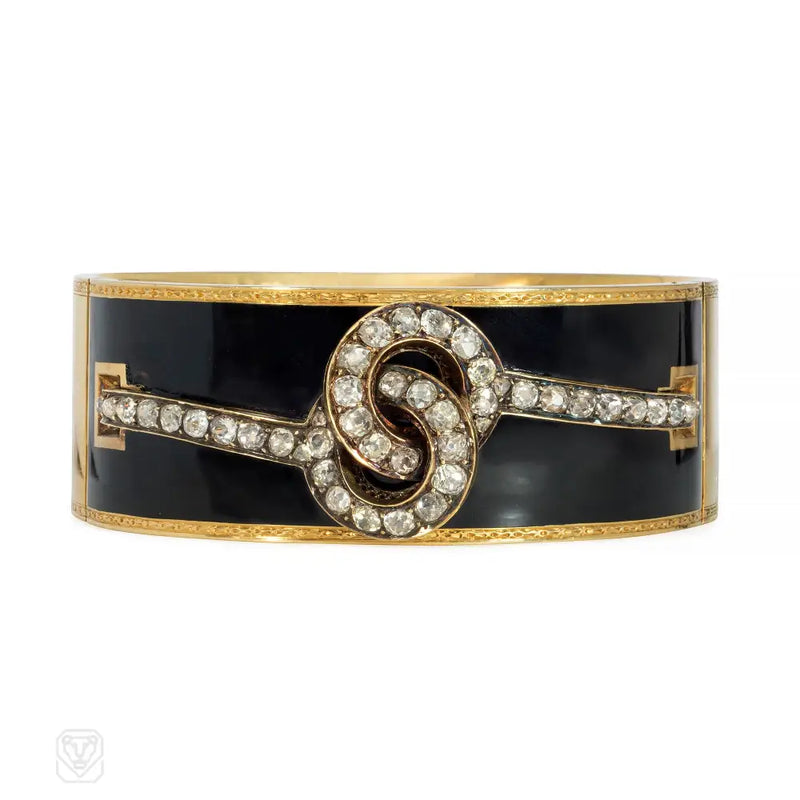Antique French Diamond And Black Enamel Cuff Bracelet