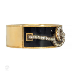 Antique French diamond and black enamel cuff bracelet