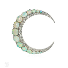 Antique French diamond and opal crescent brooch