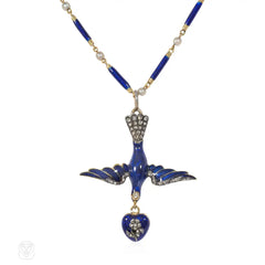 Antique French enamel and diamond bird and heart necklace