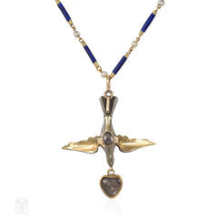 Antique French enamel and diamond bird and heart necklace