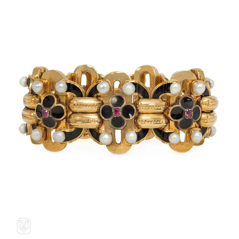 Antique French enamel pearl and ruby bracelet France