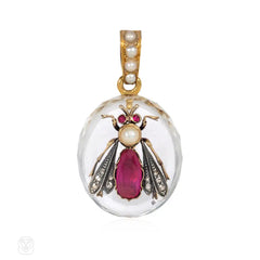 Antique French gemset insect and crystal pendant