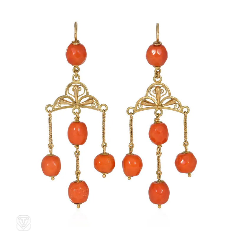 Antique French Gold And Coral Girandole Earrings
