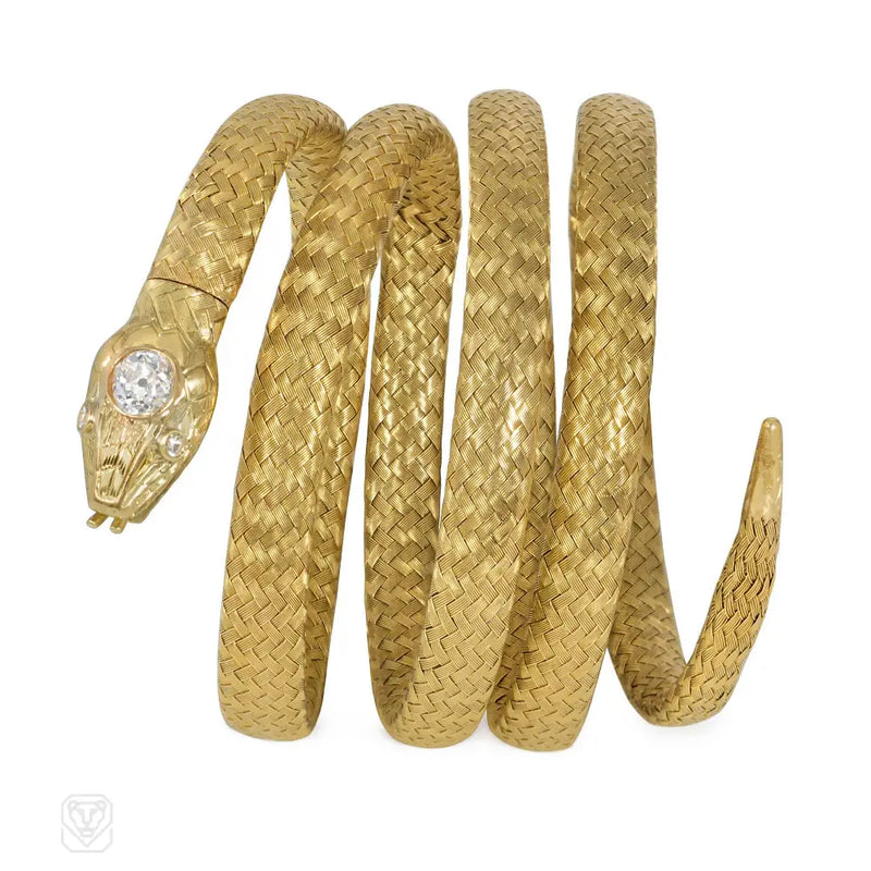 Antique French Gold And Diamond Snake Bracelet