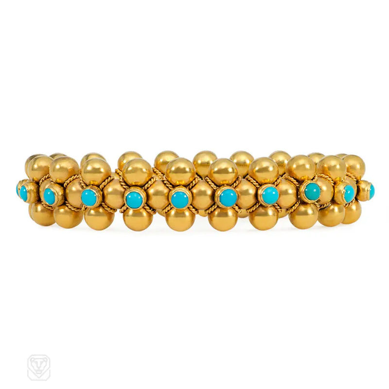 Antique French Gold And Turquoise Quatrefoil Bracelet