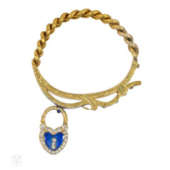 Antique French gold, diamond, and enamel padlock bracelet