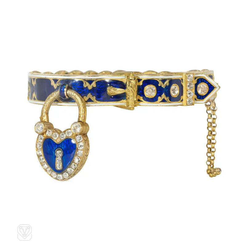 Antique French Gold Diamond And Enamel Padlock Bracelet