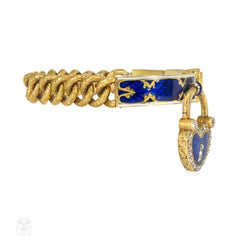 Antique French gold, diamond, and enamel padlock bracelet