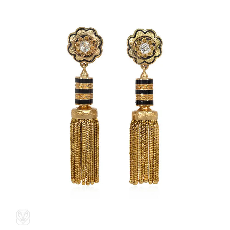 Antique French Gold Diamond And Enamel Tassel Earrings
