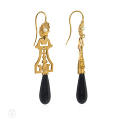 Antique French gold, pearl, and onyx pendant earrings