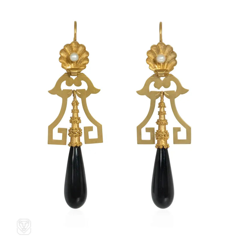Antique French Gold Pearl And Onyx Pendant Earrings