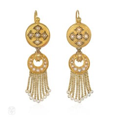 Antique French Import gold, pearl, and enamel fringe earrings