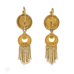 Antique French Import gold, pearl, and enamel fringe earrings