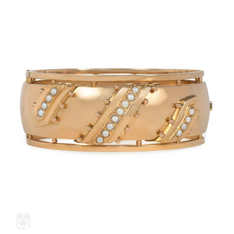 Antique French Rose Gold And Pearl Cuff Bracelet