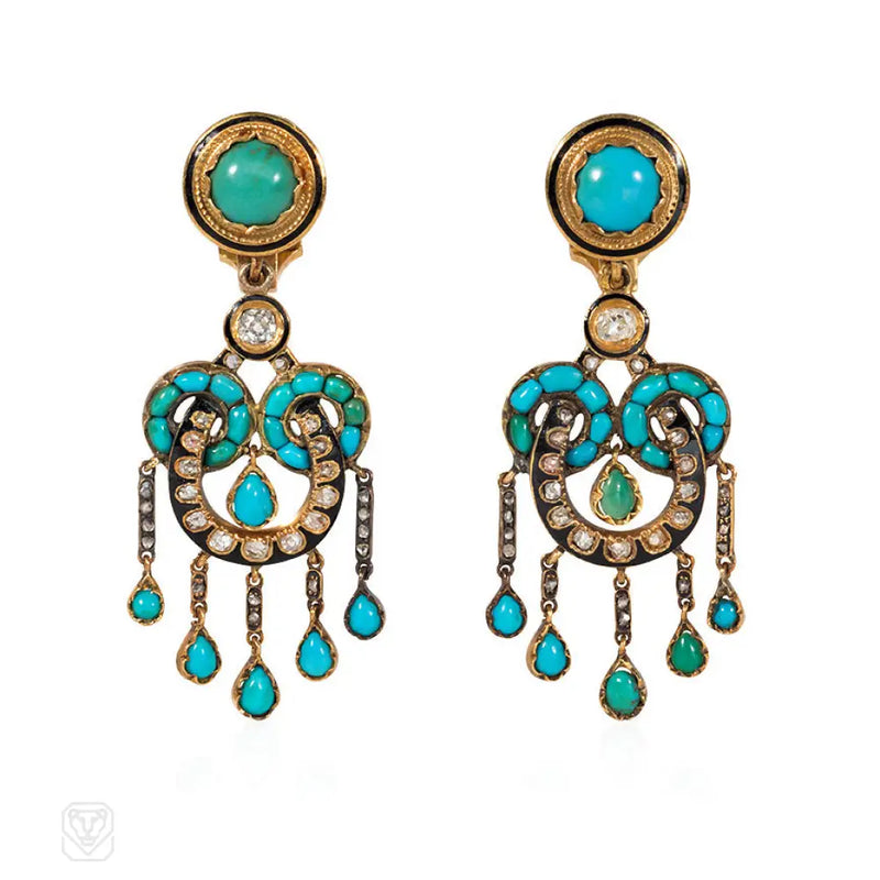 Antique French Turquoise And Diamond Earrings