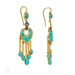 Antique French turquoise, diamond and enamel pendant fringe earrings