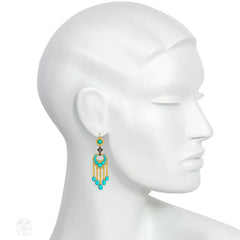 Antique French turquoise, diamond and enamel pendant fringe earrings
