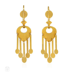 Antique French turquoise, diamond and enamel pendant fringe earrings