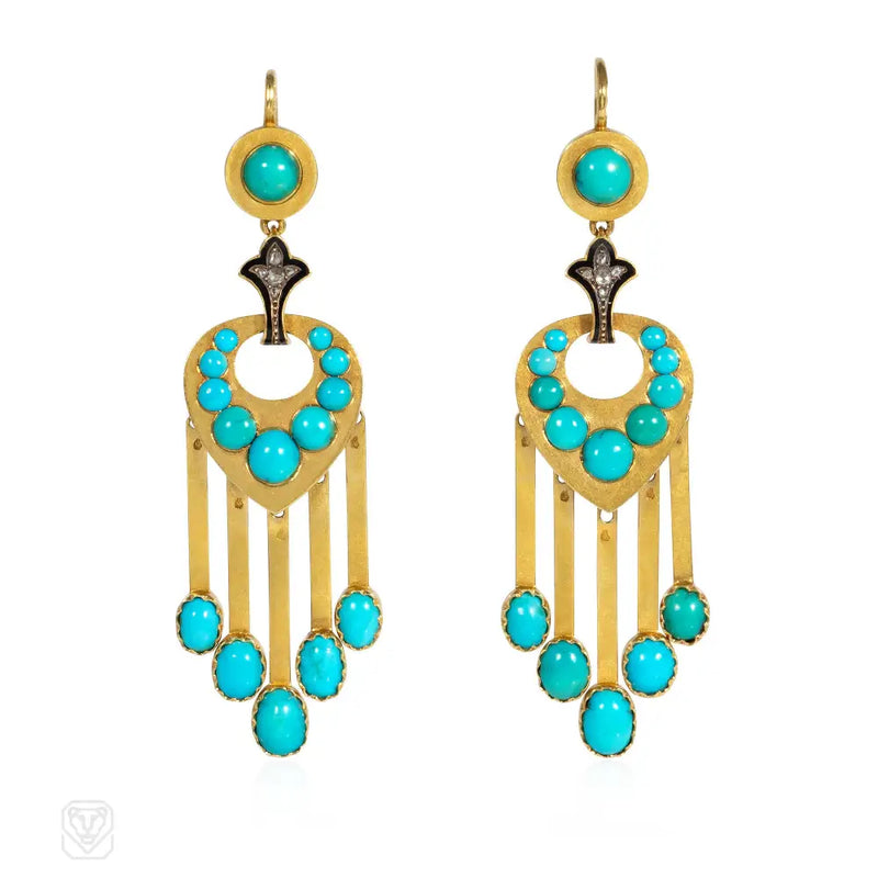 Antique French turquoise diamond and enamel pendant fringe earrings