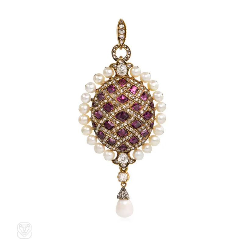 Antique Garnet Pearl And Diamond Pendant