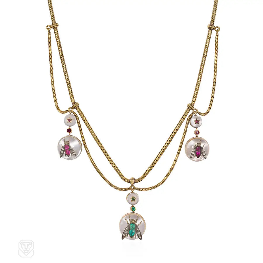 Antique Gemset And Crystal Insect Swag Necklace
