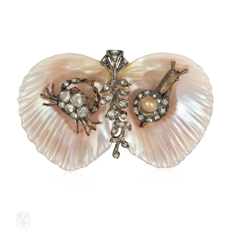 Antique Gemset Snail And Crab Seashell Brooch