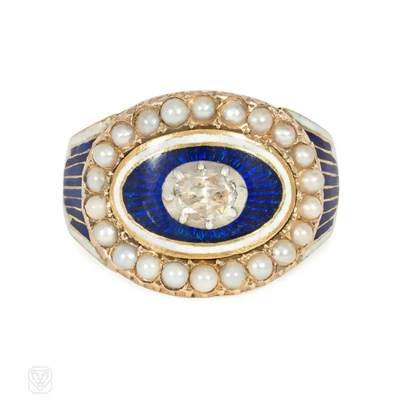 Antique Georgian Enamel Pearl And Diamond Ring