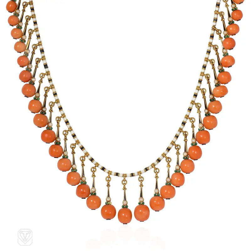 Antique Giuliano Coral And Pearl Fringe Necklace With Cross Pendant En Suite