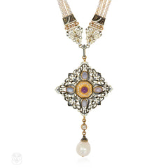 Antique Giuliano multi-gem, pearl, and enamel necklace