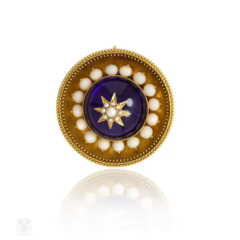 Antique Gold Amethyst Coral And Pearl Target Brooch