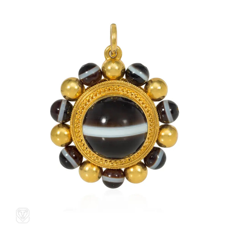 Antique gold and banded agate locket-back pendant