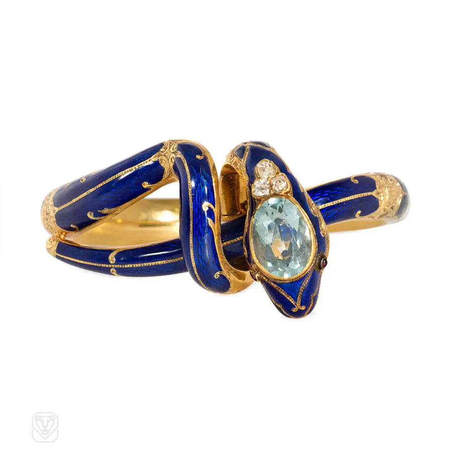 Antique Gold And Blue Enamel Coiled Snake Bracelet