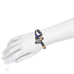 Antique gold and blue enamel coiled snake bracelet