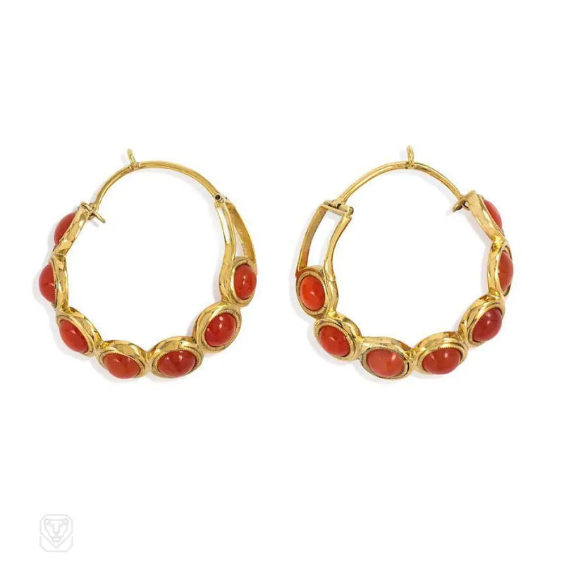 Antique Gold And Carnelian Hoop Earrings