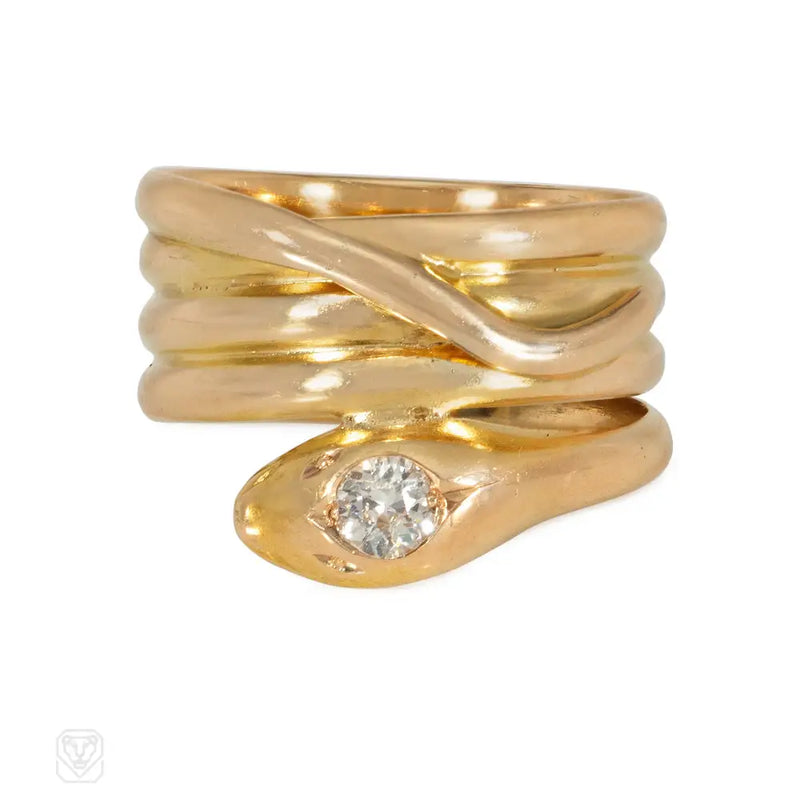 Antique gold and diamond bypass snake ring