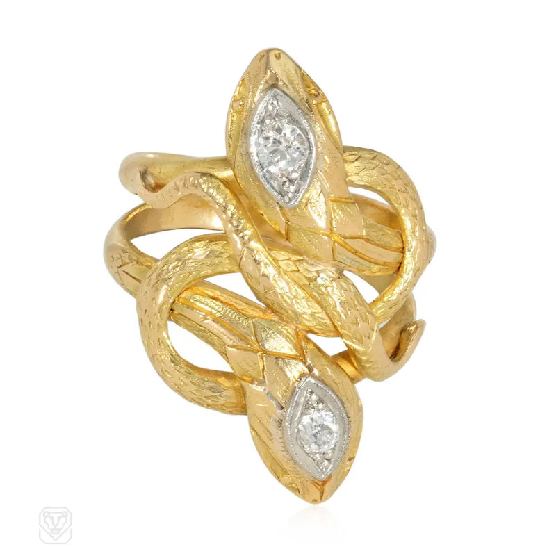 Antique gold and diamond intertwined snake ring