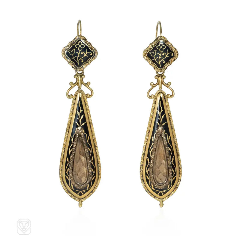 Antique Gold And Enamel Mourning Earrings