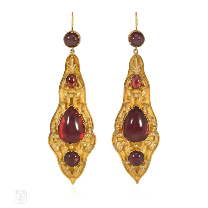 Antique Gold And Garnet Repoussé Pendant Earrings