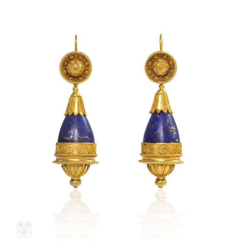Antique Gold And Lapis Earrings In The Etruscan Style