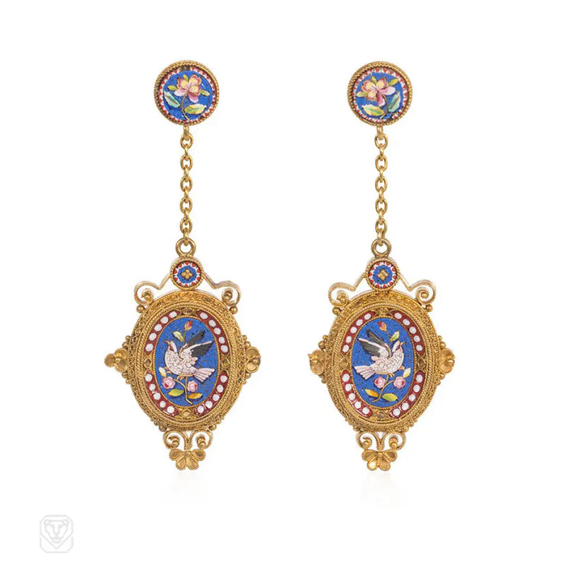 Antique Gold And Micromosaic Earrings Of Floral Dove Motifs