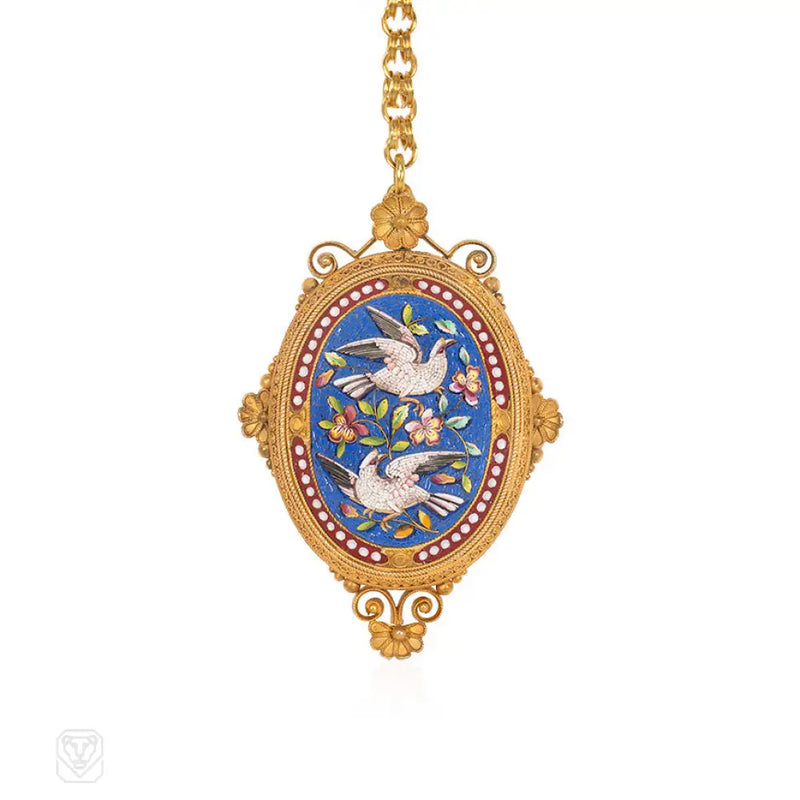 Antique Gold And Micromosaic Pendant With Doves