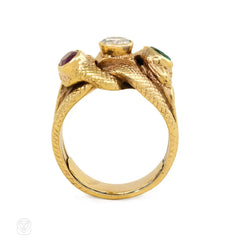 Antique gold and multi-gemstone double snake ring
