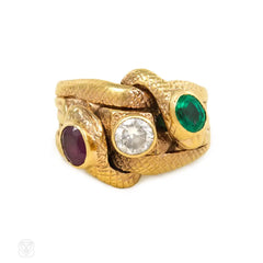 Antique gold and multi-gemstone double snake ring
