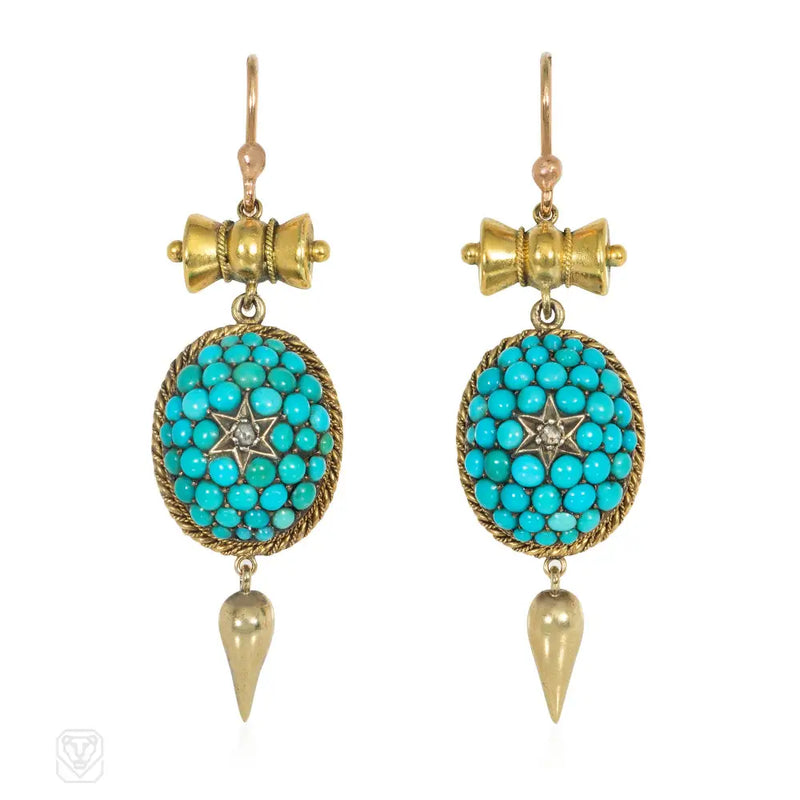 Antique gold and pavé turquoise pendant earrings
