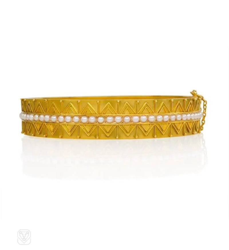 Antique Gold And Pearl Etruscan Bangle